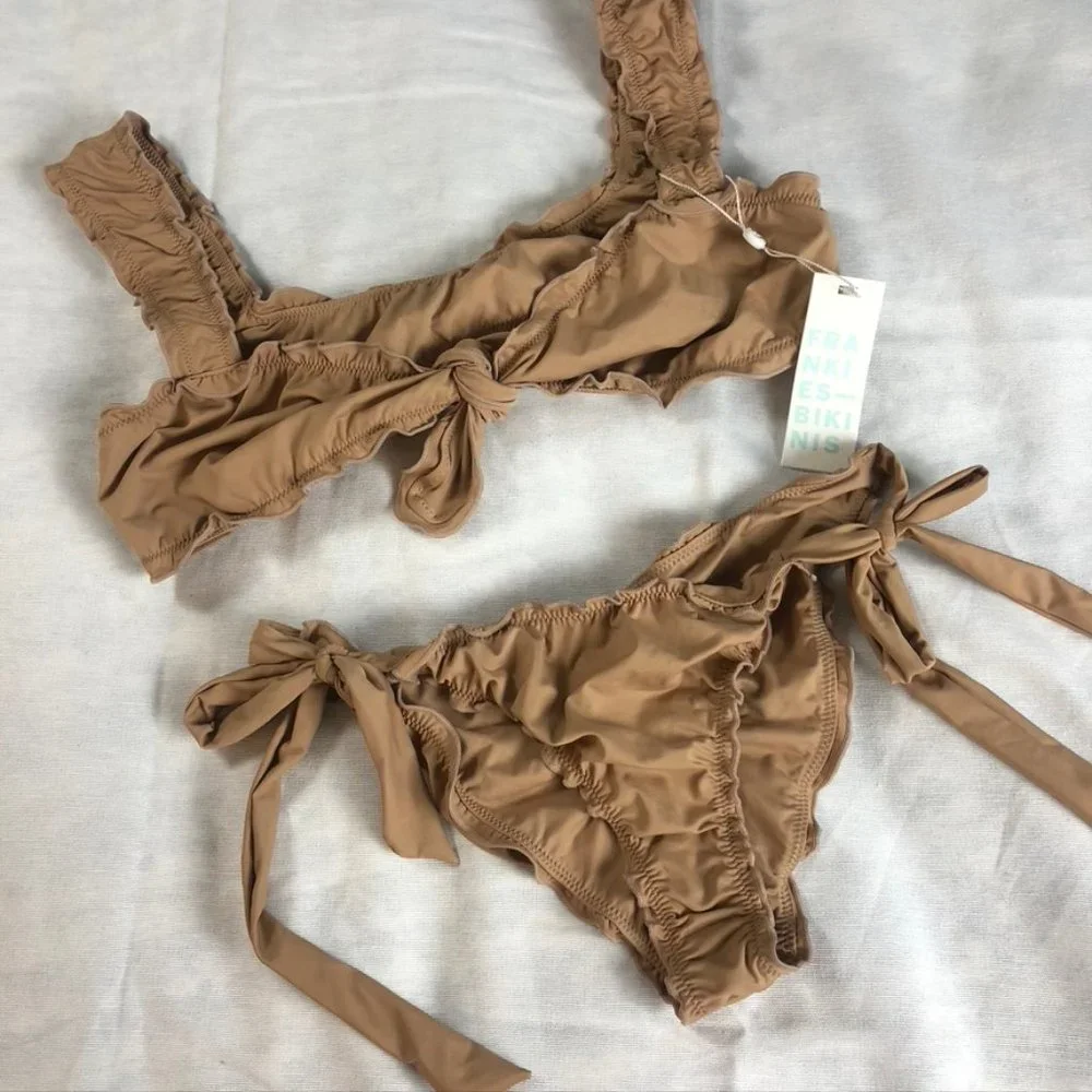 Frankie's Bikinis Tan Ruffle Tie-Side Bikini Set